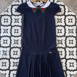 Girls Navy Blue Knit Dress – White Collar, Red & Green Detail – Size 12