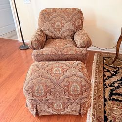 Traditional Paisley Upholstered Chair & Ottoman – Excellent Condition