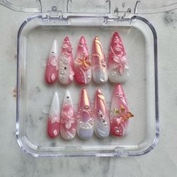 Pink 3D Floral Press-On Nails Set Size M | Handmade Long Almond Nails
