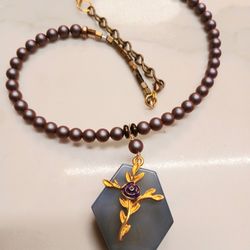 SPARKLY DRUZY PURPLE AGATE TWO SIDED PENDANT GOLD CROSS CHARM CEYSTAL PEARL NECKLACE