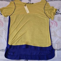 Sugar Lips Short Sleeve Hi-Lo Top Sheer Back Size Medium Mustard & Blue 