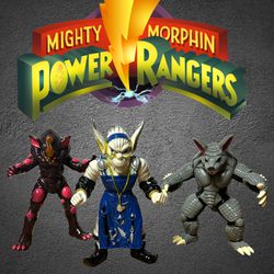 Vintage 1993 Bandai Mighty Morphin Power Rangers Evil Space Aliens 8" Finster, Socadillo and Rhino Blaster figures set.