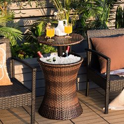 Cool Bar Rattan Style Outdoor Patio Pool Cooler Table Adjustable Height with Ice Bucket

