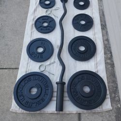 Olympic Curl Bar / Clips / Weights 
