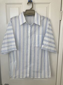 Misslook Striped Button Up Short Sleeve Women’s Blouse/Shirt Striped Blue and White Size XL