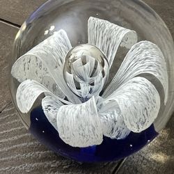 Glass round paperweight blue bottom 3.5" high