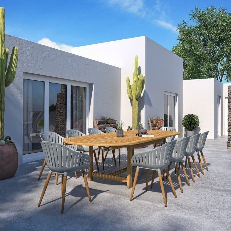 BRAND NEW Extendable Oval Deluxe Outdoor Furniture 11 Piece 100% FSC Certified Teak Wood White Grey Chair Dining Set