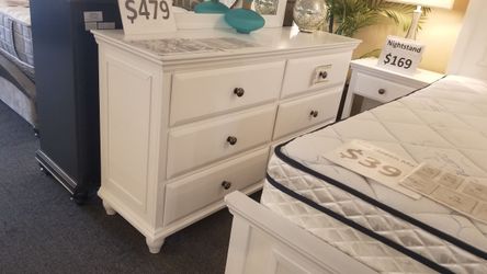 Brand new white king or ca king bedframe + dresser (with full extensions) + nightstand + mirror 4PCs set