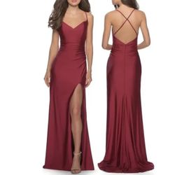 Size 2 La Femme Cross Back Satin stretch Jersey Trumpet Gown in burgundy style 2820