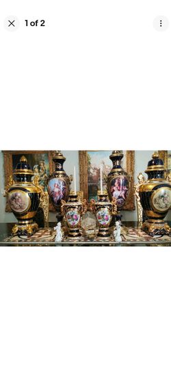 4 Tall Cobalt Blue Gold Huge French Portrait Porcelain Urns Vases Lid Pair !!