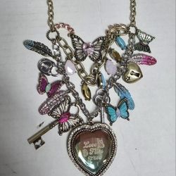 Betsey Johnson Boho Multi Charm Butterfly Statement Necklace