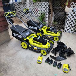 2 Ryobi Cordless 18V ONE+ HP Brushless 20" Self-Propelled Lawnmower With Batteries And Charger