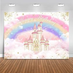 Mocsicka Princess Castle Birthday Backdrop Watercolor Pastel Rainbow Birthday Ph