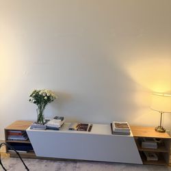 Media Console – Wood & White TV Stand / Credenza. Modern 94” Asymmetrical