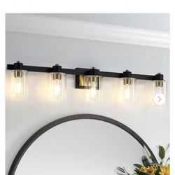 40.5 in. 5-Light Matte Black and Gold Bathroom Vanity Light with Clear Glass Shades