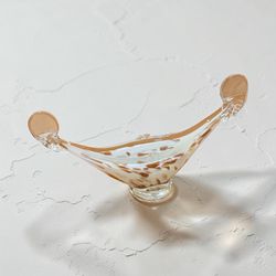 Vintage Murano Style Hand Blown Art Glass Gondola Bowl • White & Gold Aventurine