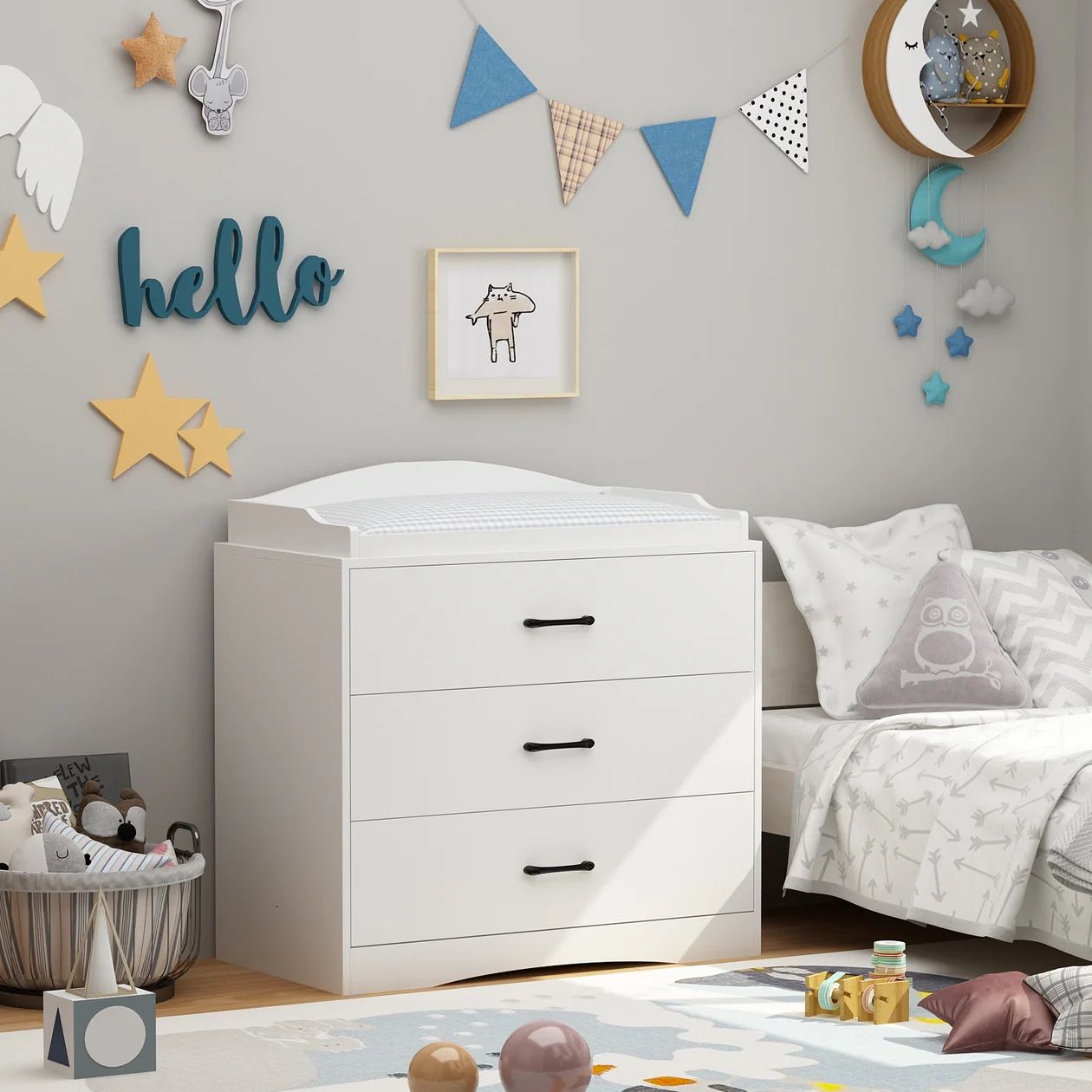 3 Drawer Baby Changing Table, Storage Dresser Chest with Changing Topper, Ideal for Nursery and Kids Room (White)