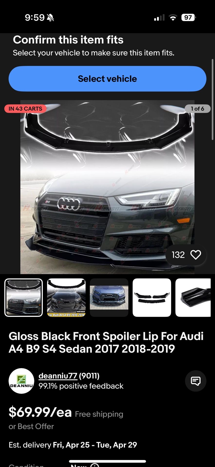 Gloss Black Front Spoiler Lip For Audi A4 B9 S4 Sedan 2017 2018-2019