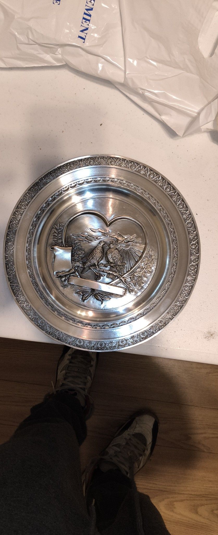 Antique Etain Jean Tin Pewter Wall Hanging Plate 3d Birds Heart
