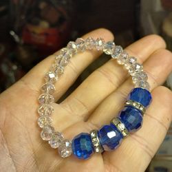 blue and clear glass beaded stretch bracelet with rhinestone spacers