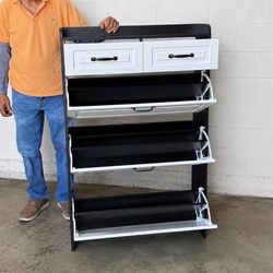 New In Box Heavy Duty 2 Tone Entry Way Shoe Rack Storage Organizer Cabinet 3 Fold Down Shelves With Double Tier And 2 Drawer Black And White 