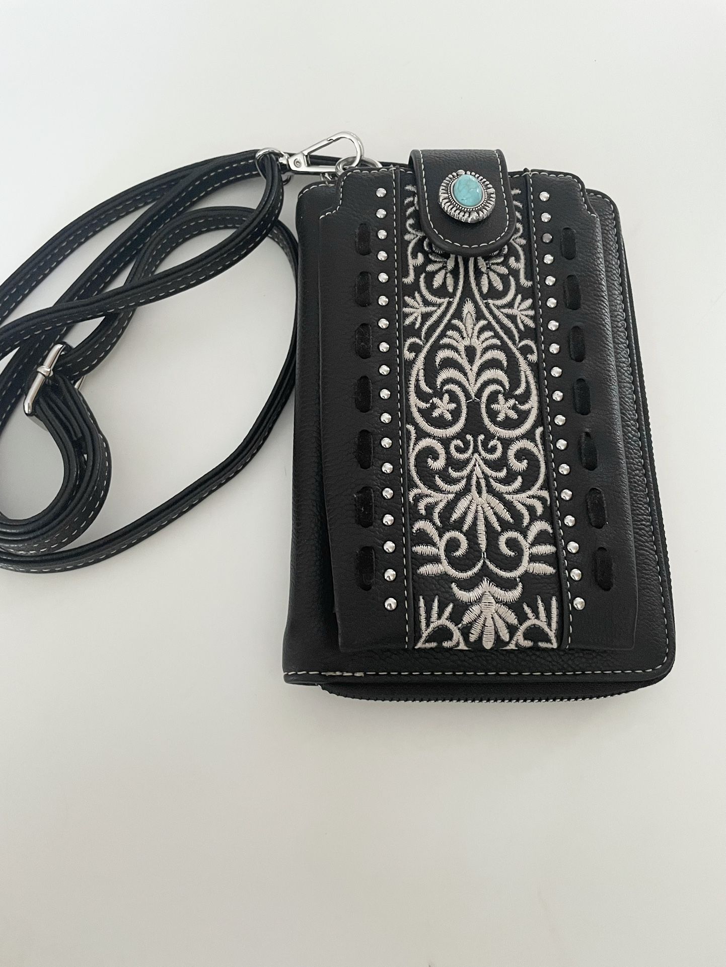 Montana West Small Crossbody Cell Phone Wallet Black Stud Leather Clutch Bag