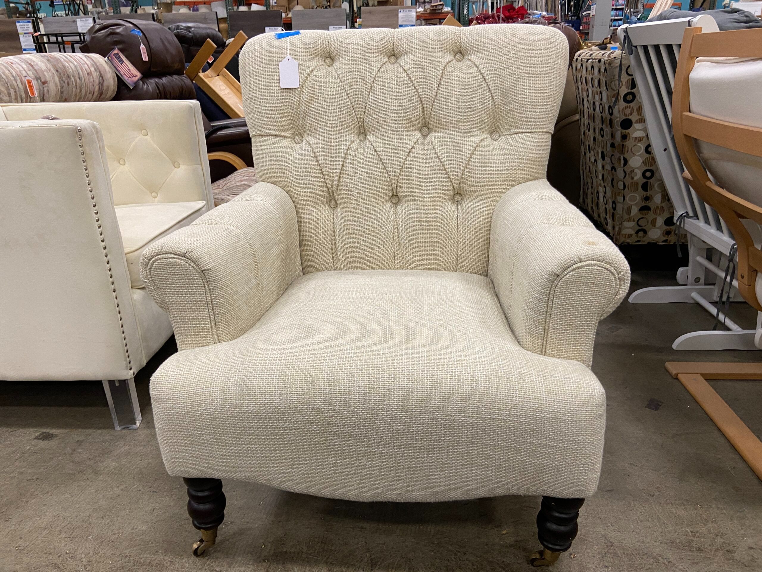Ivory Woven Tufted Armchair on Casters