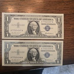 Pair Of 1957 Uncirculated One Dollar Silver Certificates Sequenctly Numbered