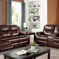 Brand New Brown Leather Reclining Sofa & Loveseat 