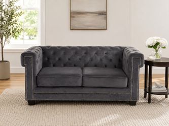 Chesterfield Tufted Velvet Loveseat – Gray, Nailhead Trim