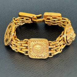 Vintage Chanel Sun & Crest Medallion Chain 7” linked Bracelet Gold Plated