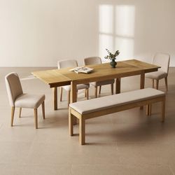 mopio Logan 6 Piece 6 Seater Upholstered Dining Table Set, Modern Farmhouse Solid Wood 6 Piece 91" Extendable Dining Table Set for Dining Room Kitchen