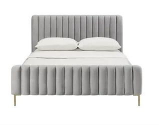 King Size Grey Velvet Platform Bed – Modern Style