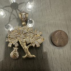 Solid 10k Yellow Gold Iced Out Money Tree Pendant CZ 2”