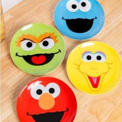 Sesame Street Elmo Cookie Monster Big Bird & Oscar The Grouch Plates Ceramic 