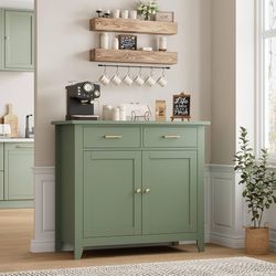 Farmhouse Kitchen Storage Cabinet, Small Buffet, Coffee Bar, Green Buffet Sideboard with 2 Drawers & 2 Doors, 35.8"W Coffee Table, Sapce-saving Kitche