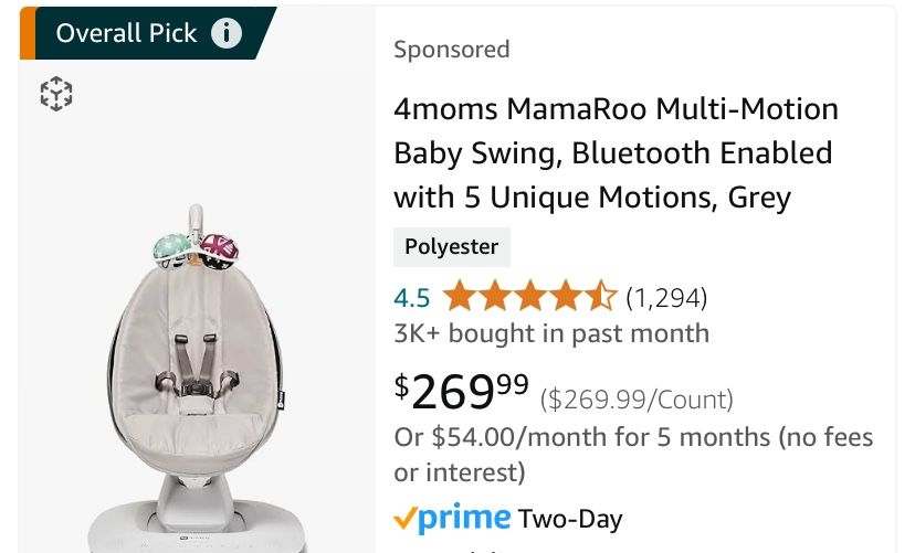 4moms MamaRoo Multi-Motion Baby Swing, Bluetooth Enabled with 5 Unique Motions, Grey