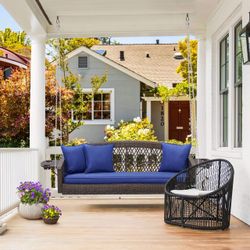3-Seater Patio Hanging Swing Bed with Cup Holders and Cushions ,Navy Blue  Wide Patio Swing: Features a spacious 55-inch seat that can hold up to 3 pe