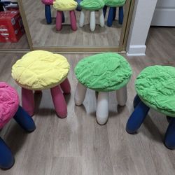 4 Ikea MAMMUT stools - Discontinued Colors -blue, red, and white  cushion covers
