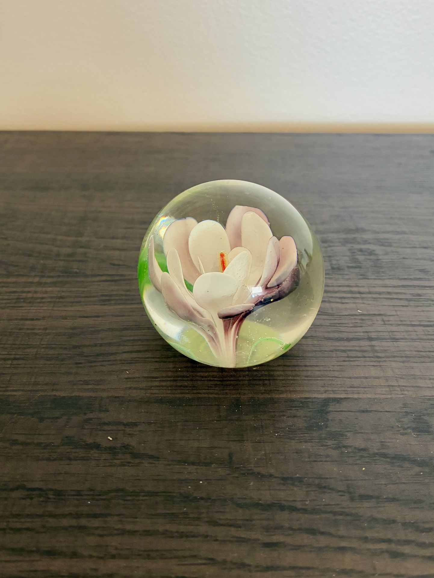 Vintage Art Purple and White Flower, Blown Glass Ball Paperweight 2" high