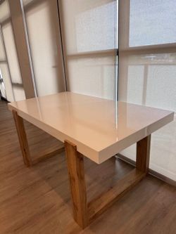 Modern White Gloss Dining Table with Wood Base – 63” x 37”