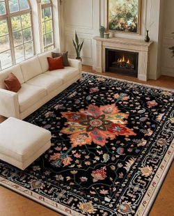 Area Rugs 9'x12' Washable Non-Slip, Floral Vintage Distress Print Pattern