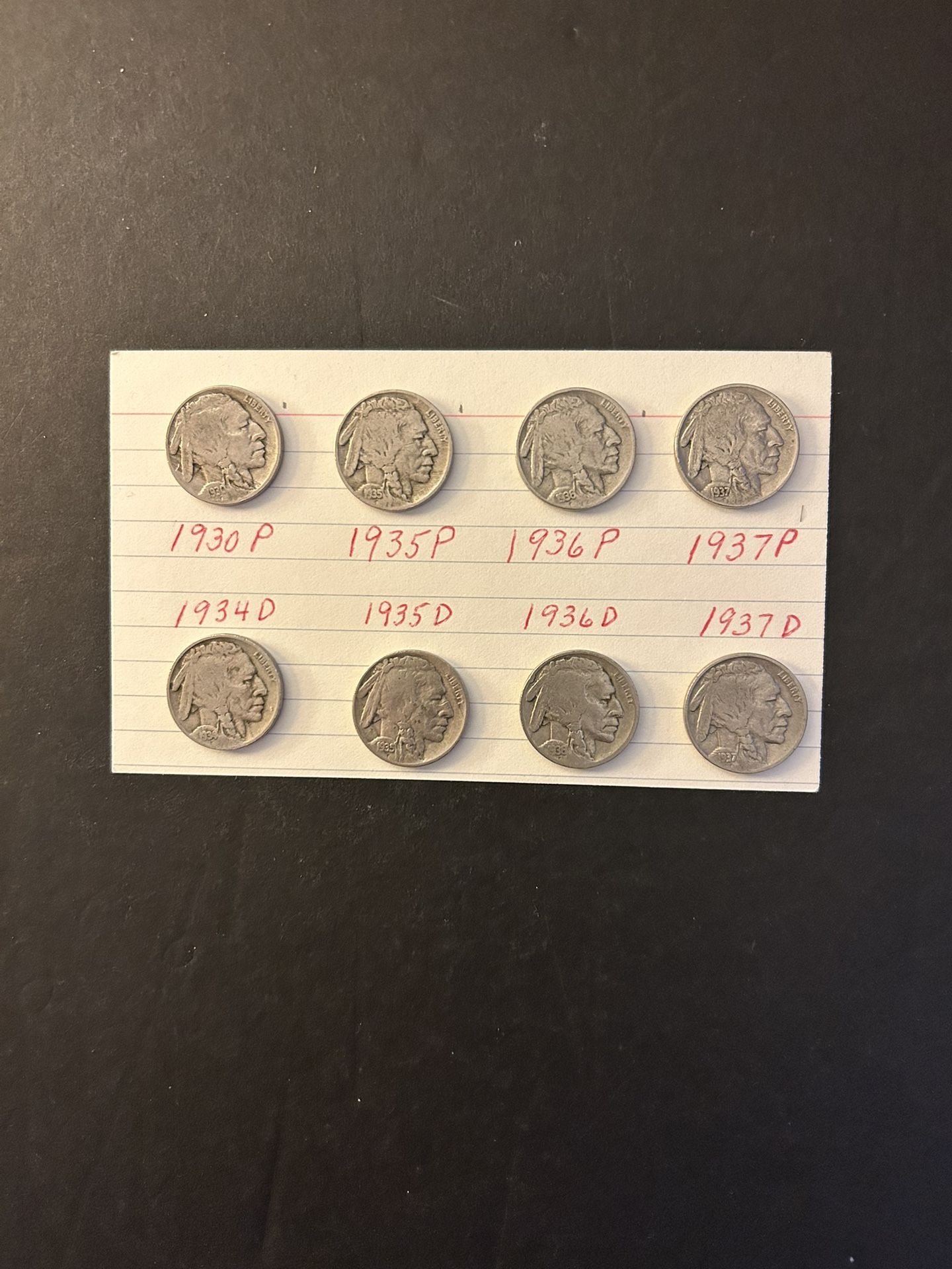 Coins – Buffalo Nickels – full 4 Digits Clearly Visible - 1930P/35P/36P/37P and 1934D/35D/36D/37D – total 8 coins for $58