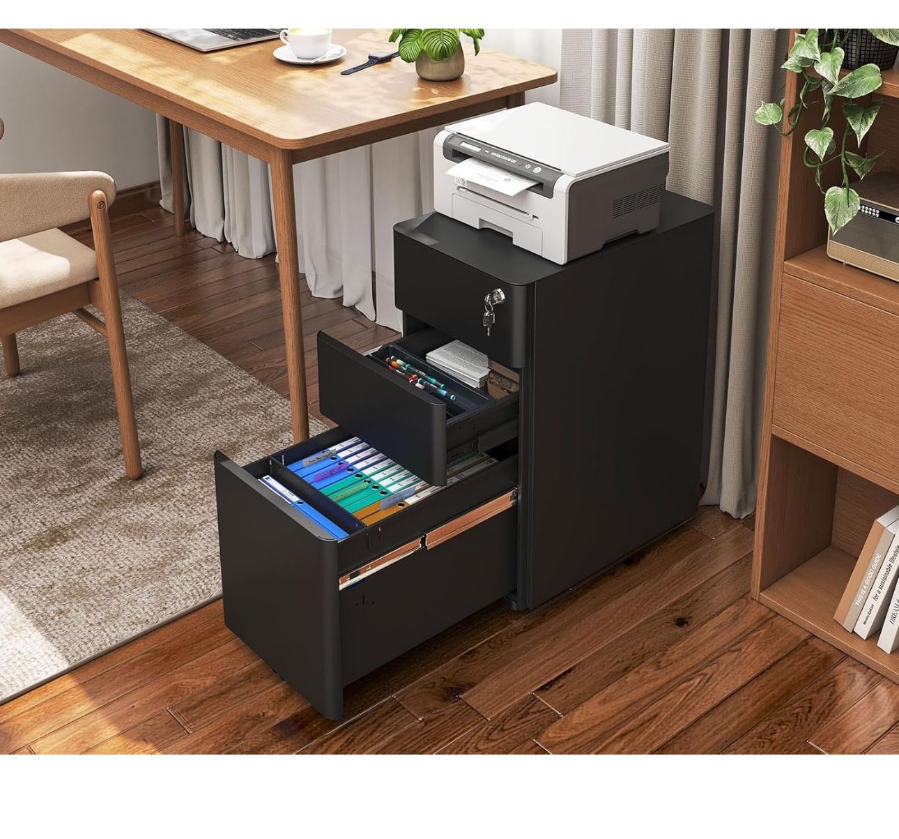AODK Small Black 3 Drawer File Cabinet for Home Office Fully Assembled Filing Cabinet Rolling File Cabinets with Lock Mobile File Storage Cabinets for