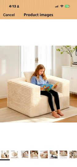 Small Boneless Sofa Chair, No Assembly Couch in a Box Memory Foam Mini Cloud Reading Chair with Throw Pillow for Living Room Bedroom Playroom, Beige (