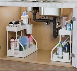 2pcs Pull-Out Organizers with Sliding Layers, Durable Double-Layer Drawer Organizer with Hooks for Bathroom, Kitchen & More, Space-Saving Home Storage