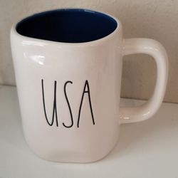 Rae Dunn USA Ceramic Mug Patriotic White Black Magenta Artisan Collection 14 oz