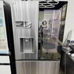 New open box LG 26 cu. ft. Counter-Depth MAX French Door Refrigerator w/ Mirrored Instaview & 4 types of ice, PrintProof Stainless Steel