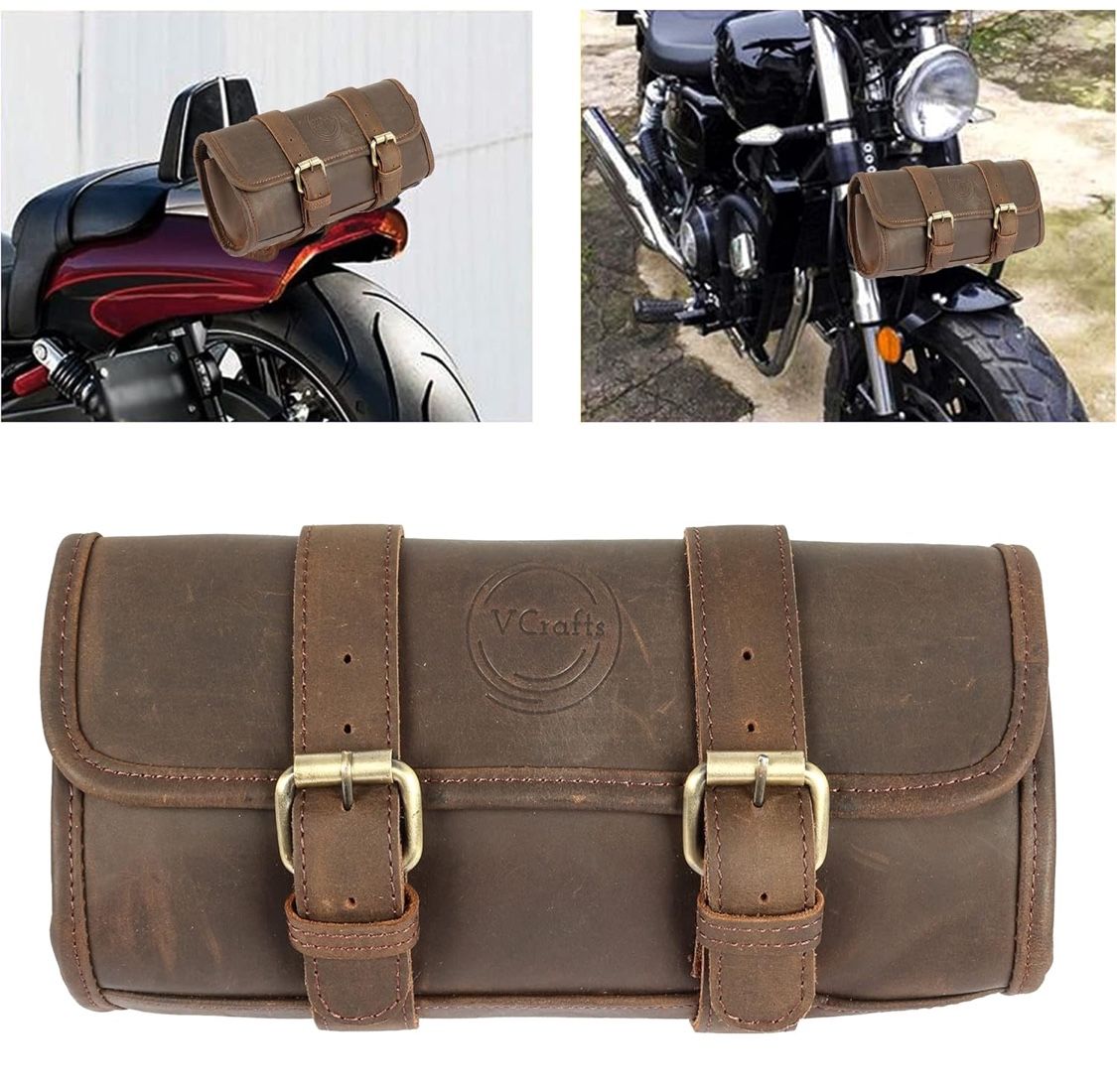 vintage crafts Motorcycle Bag, Leather Saddle bag, Black Handlebar Bag Motorcycle 2 Strap Buckle