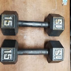 (2) 15LB Metal Hex Dumbbells 